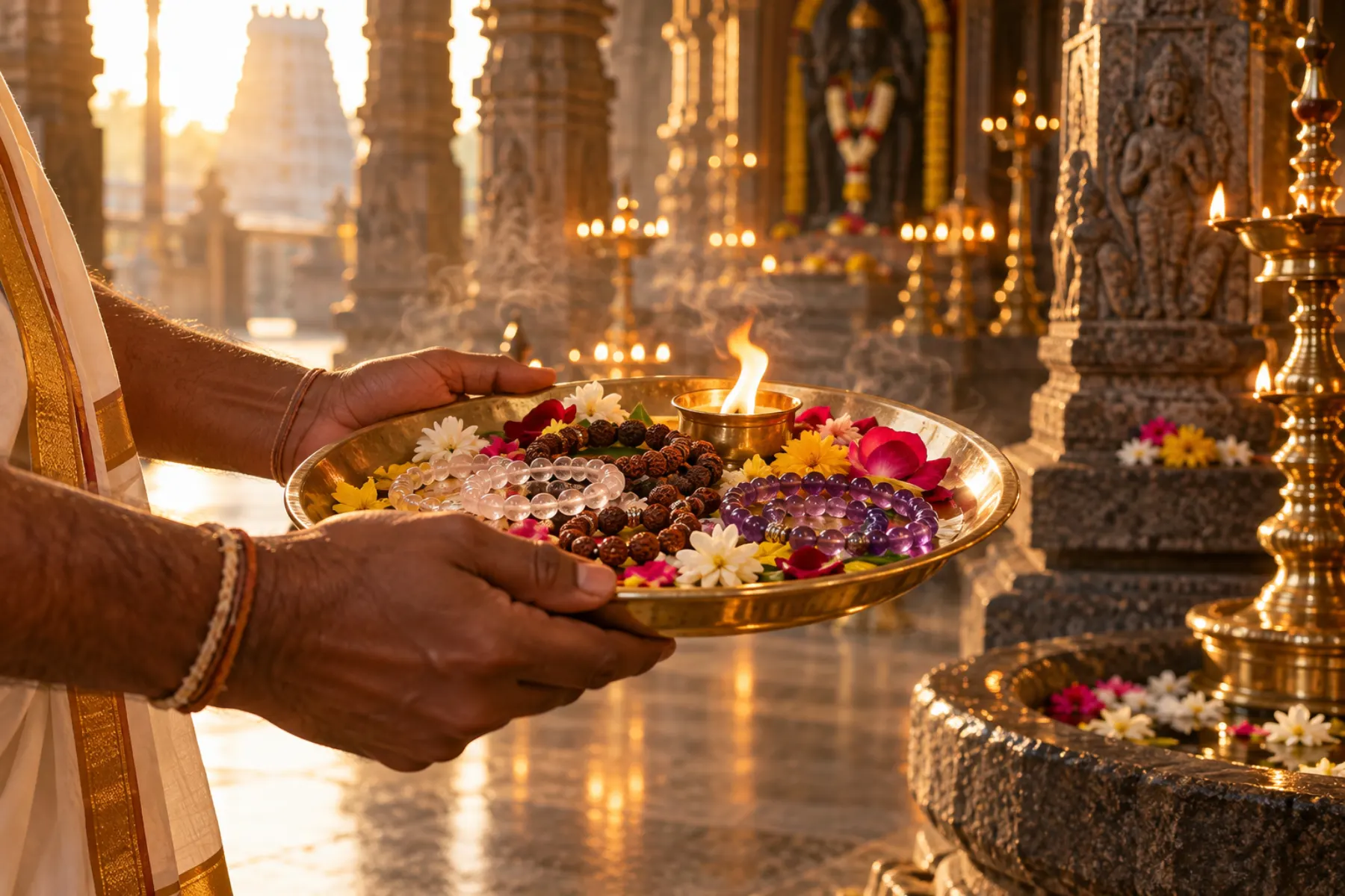 A priest's hands blessing bracelets on a brass plate with a camphor flame
