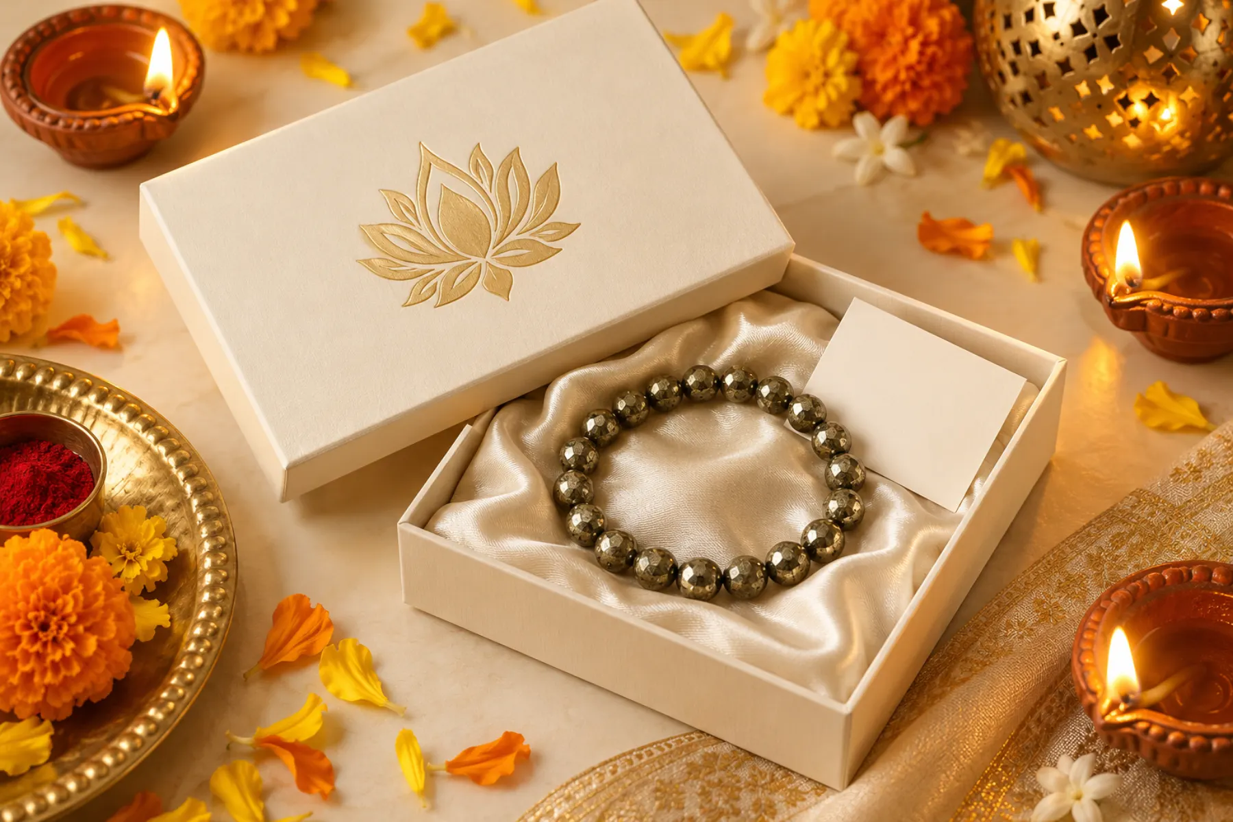 Ivory gift box with a pyrite bracelet surrounded by diyas and marigolds