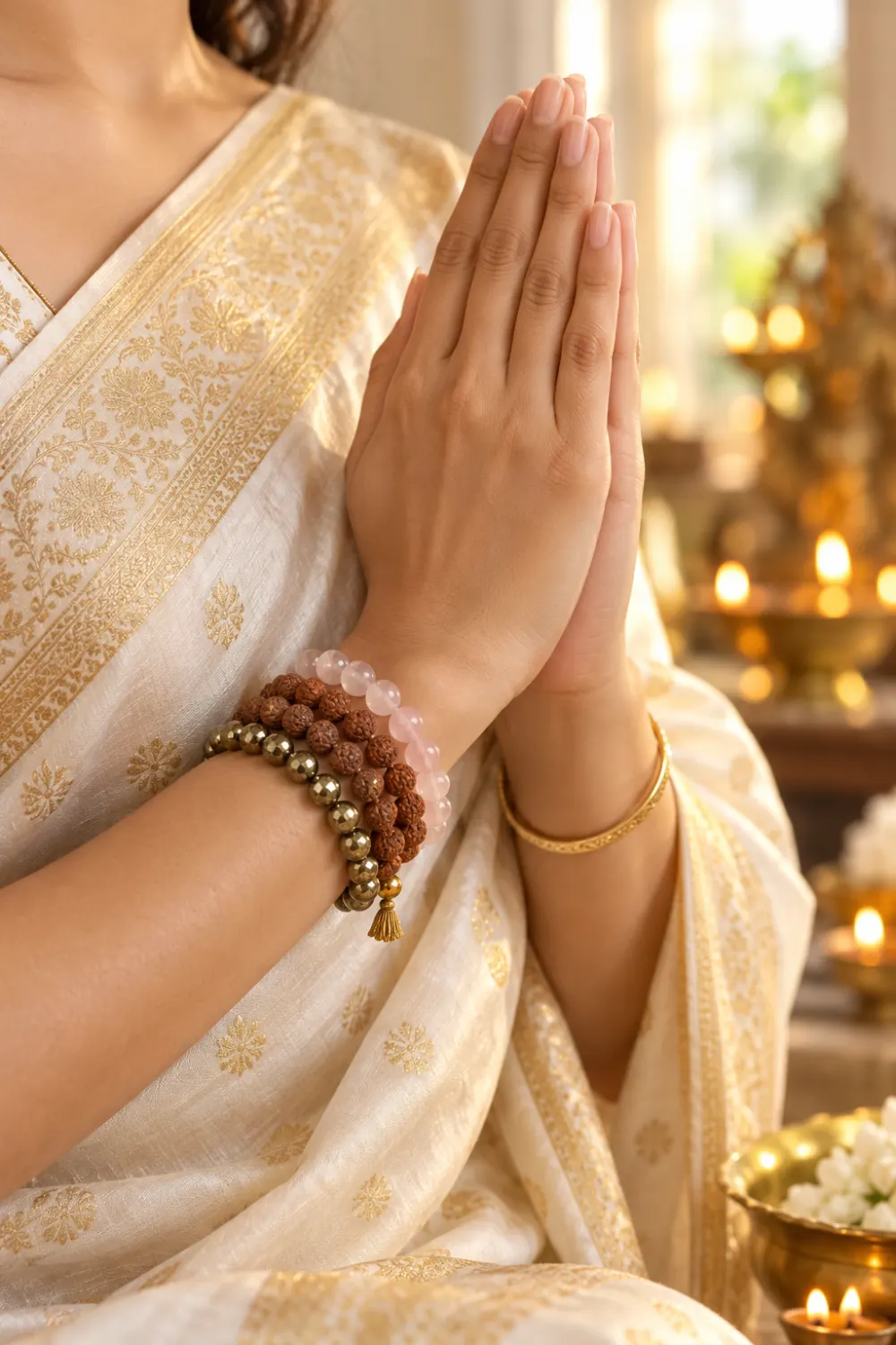 Hands in namaste wearing rose quartz, rudraksha and pyrite bracelets